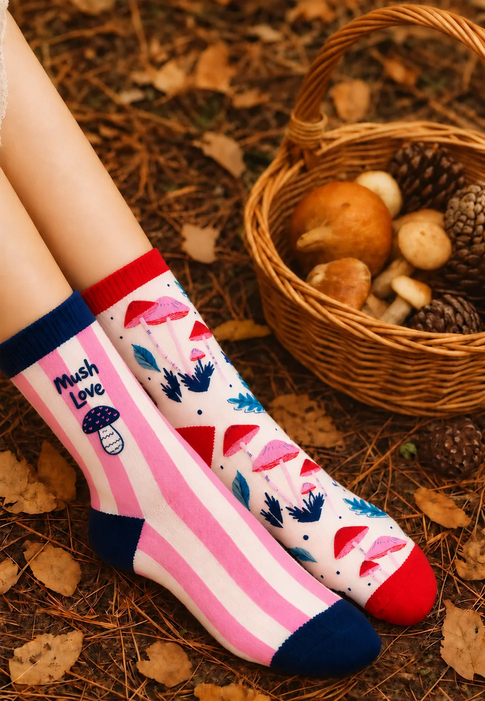 Chaussettes Woodland roses et crème portées dans les bois, près d’un panier de champignons
